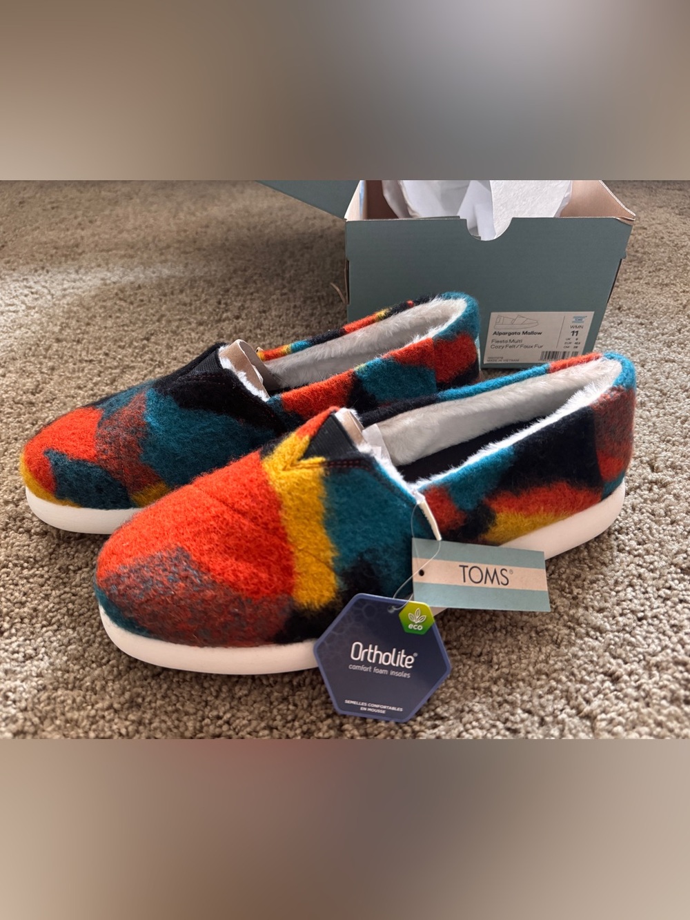 TOMS Women’s Alparagata Mallow in Fiesta Multi, cozy felt and faux fur, new